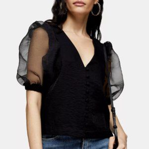 Topshop Black Organza Sleeve Button Through Blouse